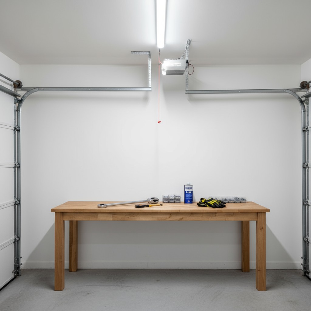 A storage room with a roll of steel tubing stored vertically at the top of the room, connected to the pull-down lift syste...
