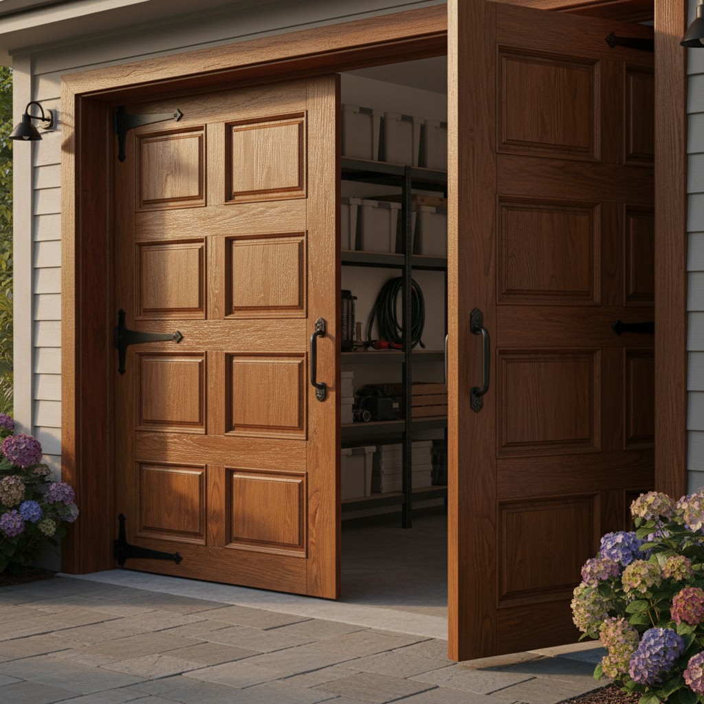 A wooden garage door is open, revealing a storage room with shelving units and a coiled water hose visible inside.
