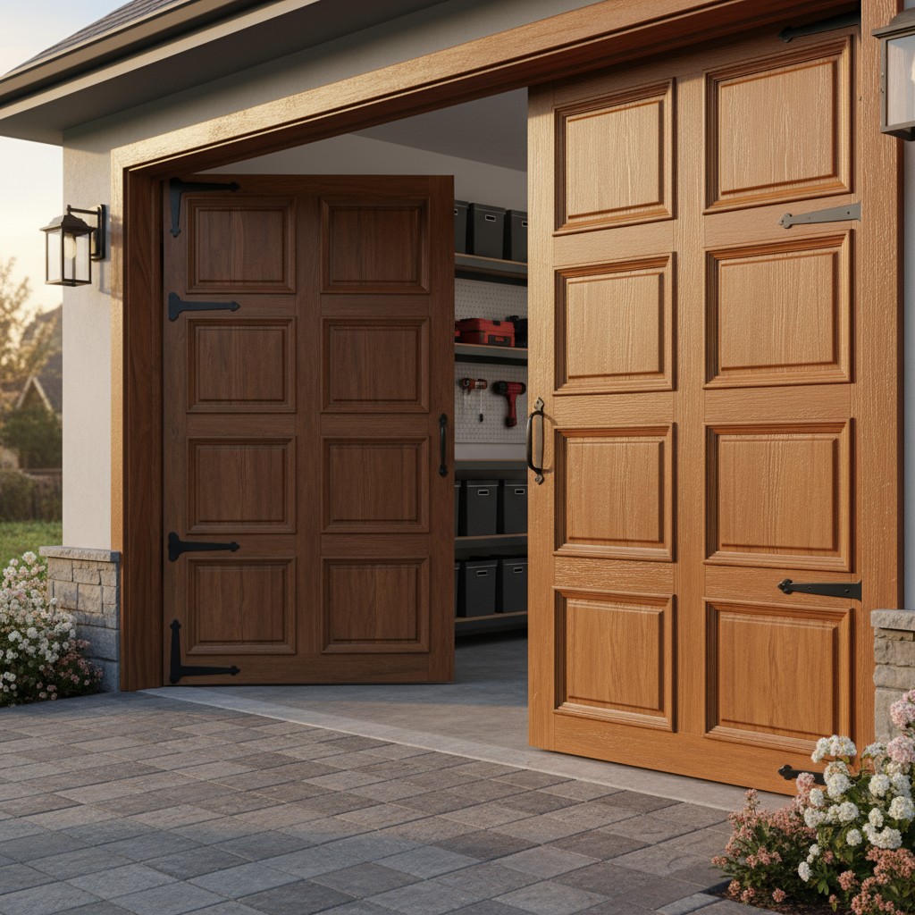 The image depicts two wooden garage doors. One is inside a garage, and one is exposed outside